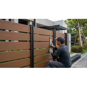 Pemasangan pagar kayu WPC untuk fasad rumah modern