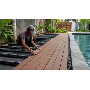 Instalasi decking WPC outdoor di area kolam dan taman
